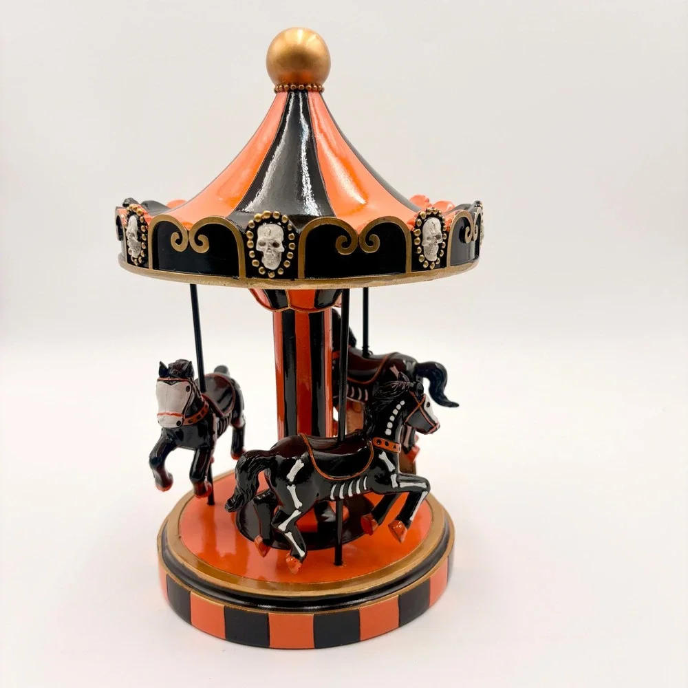 Sweet Street Halloween Skeleton Horse Carousel Figurine Orange Black Skulls